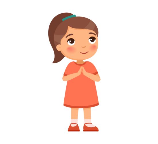 Little girl smiles and lifts up his eyes and hands in prayer. Concept of religion, prayer and Christianity. Cute cartoon character isolated on white background. Flat vector color illustration.